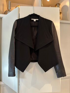 Diane Von Furstenberg Black Draped Jacket with Leather Sleeves